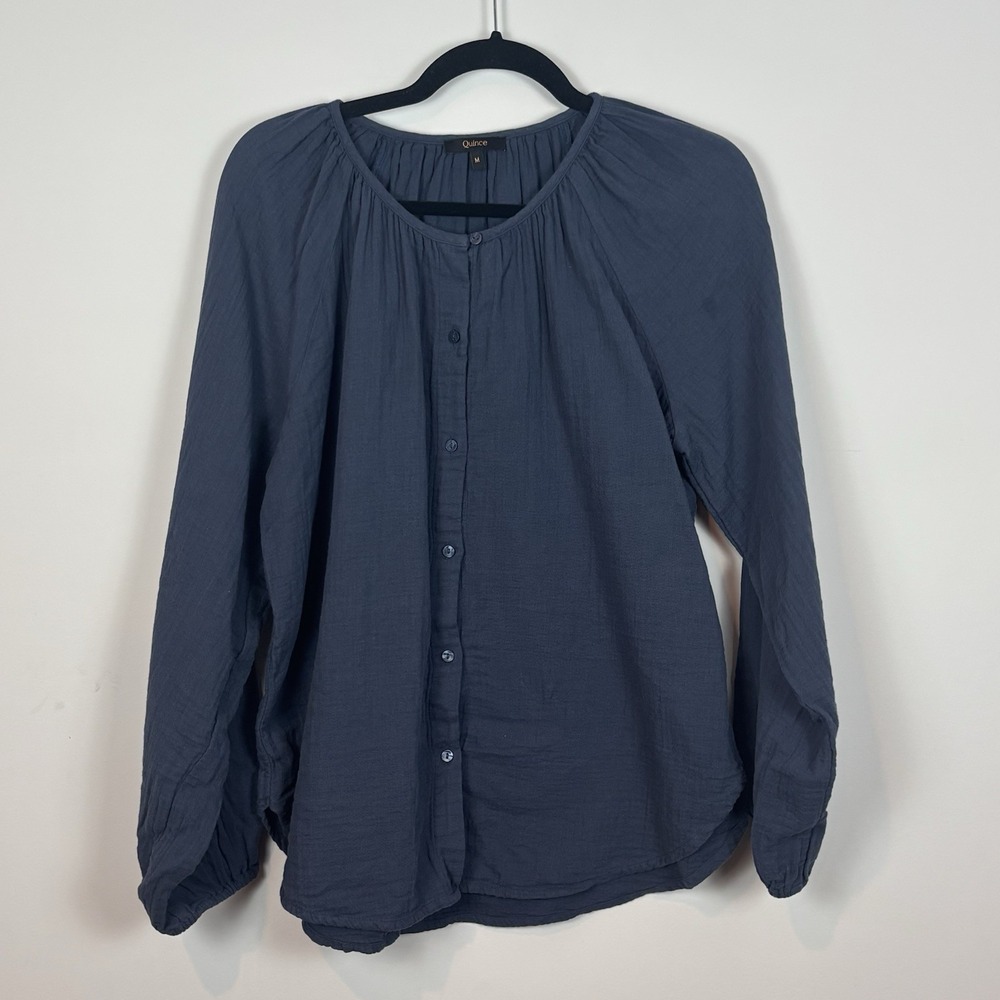Quince Dark Navy Button-Down Gathered Yoke Blouse
